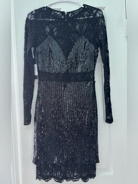 NWT Marciano Black Lace & Sequin Long-Sleeve Cocktail Dress
